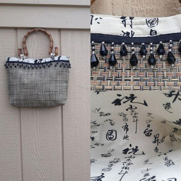 Handmade Oriental Basket Weave Bucket Bag Beaded Fringe Faux Wood Handles - Picture 2 of 8